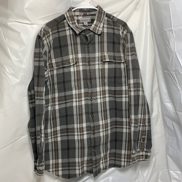 Men’s Carhartt Gray White Gold Plaid Heavy Cotton Button Down Shirt Size XL Tall - Picture 2 of 6